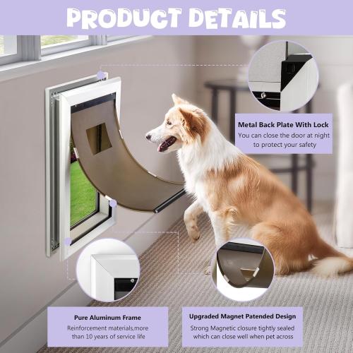 Durable Pet Door, Aluminum Door for Dog and Pets, Large Doggie Door with Automatic Closing Magnetic Flap, Ideal for Interior and Exterior Doors, Screen and Wall, Weather Resistant