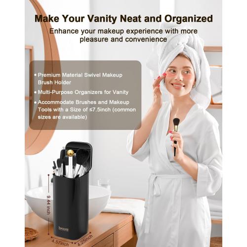 Upgrade Makeup Brush Holder Organizer with Lid, Automatic Lifting Dustproof Makeup Brushes Organizer with 4 Compartments for Vanity，Cosmetic Storage for Dresser Countertop and Bathroom (White Gold)