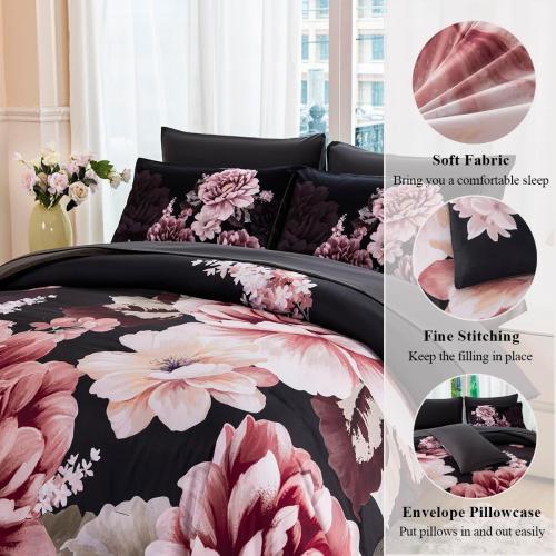 Black-Gray Floral Comforter Set Queen Size 7 Pieces Peony Bed in A Bag Ornate Elegant Botanical Flower Bedding Set for Women Home Decor(Black-Gray, Queen)