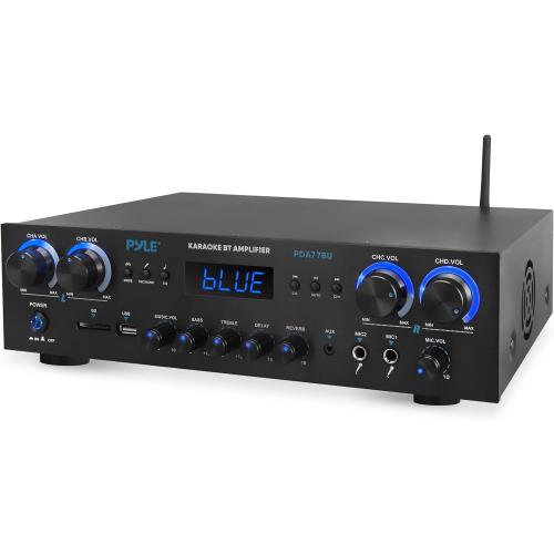 Pyle Bluetooth Home Stereo Amplifier Receiver - 4 Channel, 800 Watt Karaoke Sound System w/ MP3,USB,SD,AUX,RCA,FM,MIC, Headphone, Reverb   Delay, LED Vol, for Home, Studio, Theater Speakers - PDA77BU