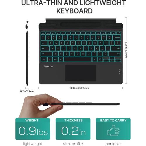 typecase Surface Pro 9 Keyboard, Compatible with Surface Pro 11 10 9 8 X, 13 Inch Wireless Type Keyboard with 11-Color Backlit & Pen Holder - Matte Black
