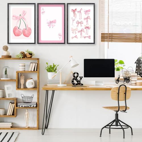 flowtorely Set Of 3 Trendy Pink Bows Poster Wall Art 24x16 Inch Girly Preppy Room Watercolor Aesthetic Wood Frame Sign For College Apartment Cherry Heart Poker Prints Girls Bedroom Hang Decor (Black) - frames with scratches