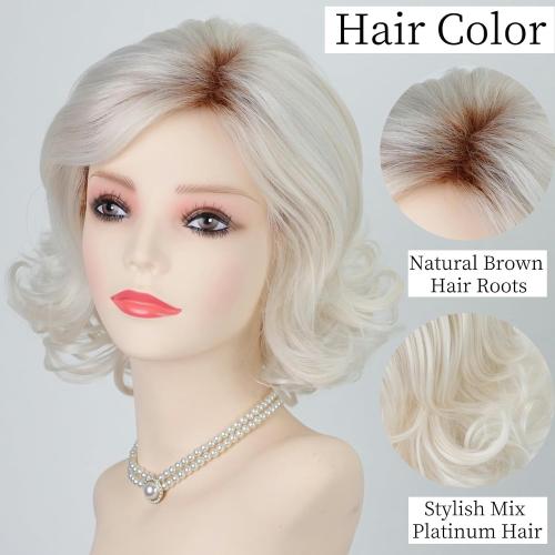 RENERSHOW Short Platinum Blonde Wave Curly Wigs for White Women 12inch Ombre Wavy Bob Wig Side Part Synthetic Average Size Wig Natural Looking Daily Party Wig