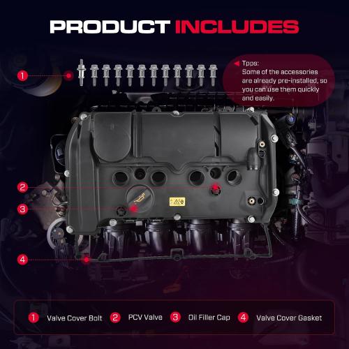 11127646552 Engine Valve Cover Kit, with Gasket, Bolts and Oil Cap Fit for 2011-2016 Mini Cooper S L4 1.6L R55 R56 R57 R58 R59 R60 R61 Engine, Replace # 11127603390 111276-46552 111276-03390