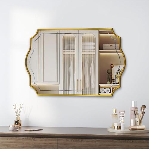 POZINO 36x24 Scalloped Wall Mirror with Gold Wood Frame | Irregular Rectangle Design, Horizontal/Vertical Hanging, Elegant Wavy Wall Mirror for Entryway Bedroom Bathroom Living Room