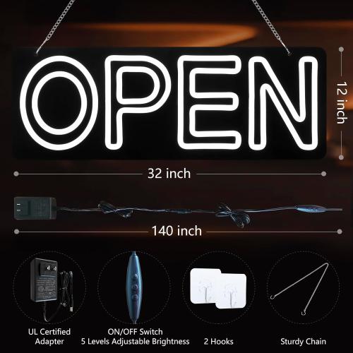 32x12 Extra Large LED Open Signs for Business, Apanibu 2 Lines Unique Design Super Bright Neon Open Sign with Chain, 5 Levels Adjustable Brightness for Retail Shop Window Salon Restaurant (White)