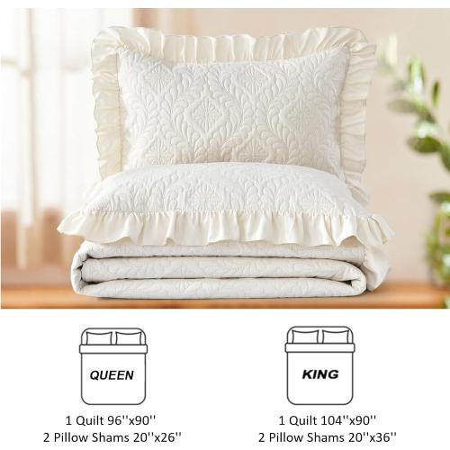 Size Large Set of 3 Quilt Bedding Set Size, Beige Ruffled Lightweight Soft Bedspreads Queen Size Coverlet, Basket Weave Quilted Blanket Thin Quilt Bed Cover for All Season - 3 Piece (1Quilt, 2 Pillow Shams)