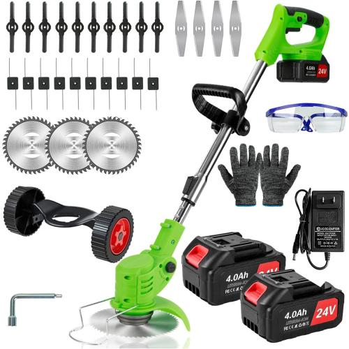 Weed Wacker Cordless,24v Electric Weed Eater Battery Powered,3 in 1 Lightweight Grass Trimmer with 2 4.0 Ah Batteries & Charger,Height Adjustable Wheeled Brush Cutte for Lawn Care,Garden,Yard (Green)