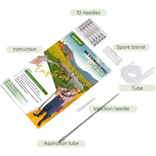 NEWTRY 5ml Livestock Syringe, Continuous Adjustable Animal Syringe, Stainless Steel, for Cattle Sheep Pig Goat
