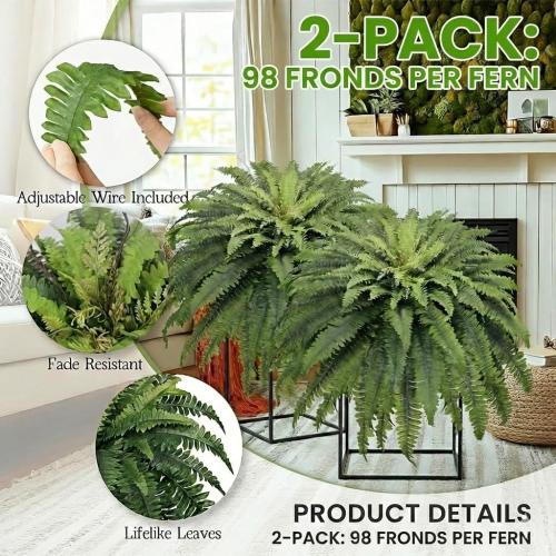 50 Fake Ferns Artificial Plants Large, 98 Fronds 2 Artificial Ferns for Outdoors and Indoors, Suitable for Planter Garden Porch Office Decor