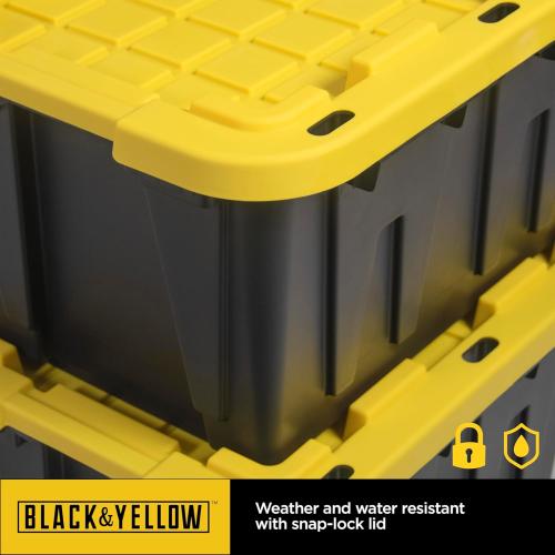CX BLACK & YELLOW, 27-Gallon Heavy Duty Tough Storage Container & Snap-Tight Lid, (14.3H x 20.6W x 30.6D), Weather-Resistant Design and Stackable Organization Tote [4 Pack] - 1 cover missing, 3 covers damage