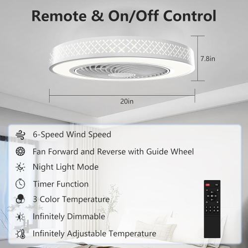 White Koopala Ceiling Fans with Lights, 20 inch Low Profile Ceiling Fan with Light and Remote Control, Flush Mount, Noiseless, 6 Speeds, Dimmable, Night Light Mode, Timing & Washable for Bedroom