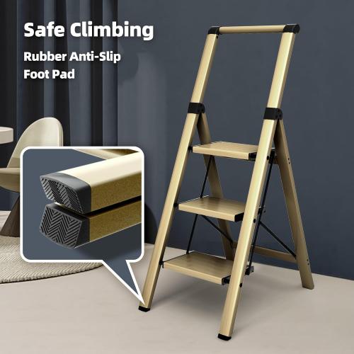 HillhutApex 3 Step Foldable Aluminum Step Ladder with Handgrip, Anti-Slip Pedal, 330 lbs Capacity, Lightweight & Portable for Home, Kitchen, Office, Garage (Gold)