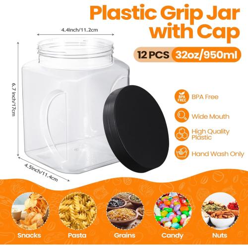 Gerrii 32 oz Plastic Storage Jars with Lids Bulk Clear Grip Containers with Wide Mouth, Wide Mouth Pantry Dry Food Storage Canisters Jars for Flour, Rice, Coffee, Sugar, Honey, Black Lids