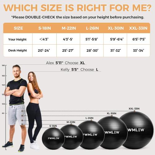 Extra Thick Exercise Yoga Ball, 5-Size Anti-Burst Heavy Duty Stability Gym Ball for Fitness, Core Workout, Pregnancy & Office Chair, Includes Quick Pump