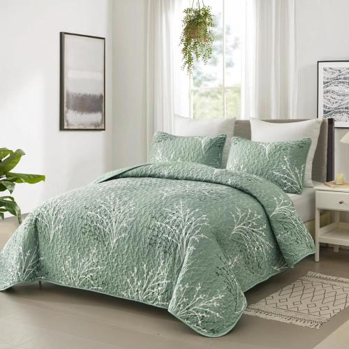 3 Pc Sage Green Quilt Set - Branch Botanical Pattern Bedspread Coverlet Set, 3 Piece Green Floral Quilt Bedding Set Soft Microfiber Daybed Cover for All Season