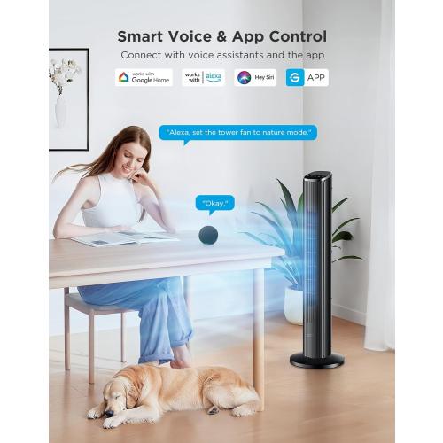 GoveeLife Black Tower Fan for Bedroom, 36 Smart Floor Fan with App/Voice Control, Temperature Sensor, 5 Modes 8 Speeds(25ft/s), 29dB Quiet Oscillating Fan for Office, 24H Timer, Auto Cooling