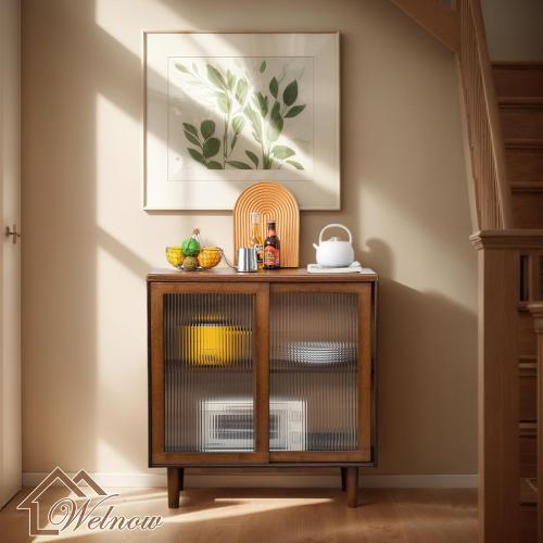 Welnow Buffet Cabinet, Bamboo Sideboard with Storage Kitchen Display Cabinet with 2-Tier Shelves Boho Coffee Bar Tables for Kitchen, Living Room, Entryway, Office, Walnut | 32.7H, 2-Tier Storage,Coffee Bar Cabinet with Fluted Glass Doors, Sideboard Cabinet for Kitchen, Living Room, Entryway