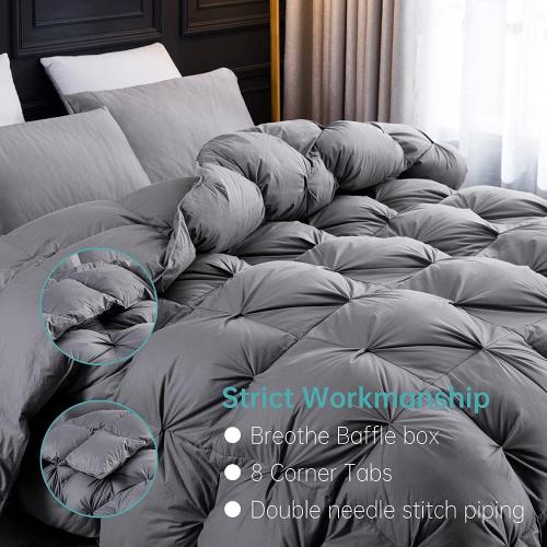 Three Geese Pinch Pleat Waterfowl Feathers and Down Comforter King Size Duvet Insert,750  Fill Power,1200TC 100% Cotton, Premium All Seasons Gray Warm Hotel Comforter with 8 Tabs.