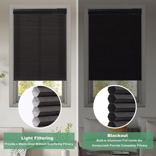 Size 35 1/2 W x 64 H Color Black No Drill Cellular Shades for Indoor Windows, Thermal Insulating & Noise Reducing Honeycomb Blinds, Free Stop Cordless Blackout Shades, Black,