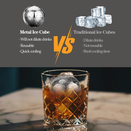 Reusable Ice Cubes & Metal Chilling Stones 304 Stainless Steel Whiskey Balls XL Extra Large Whiskey Ice Stones Set of 4 Silver Ball 2.2 (55 mm) Whiskey Gifts