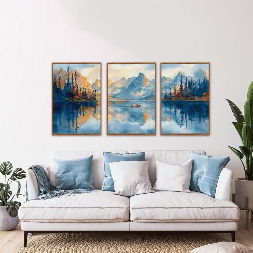 KAIRNE Landscape Wall Art Set of 3(24”X36”),Abstract Forest Canvas Paintings,Watercolor Blue Mountain Lake Prints,Framed Nature Scenery Artwork for Living Room Bedroom Home Office Gallery Decoration