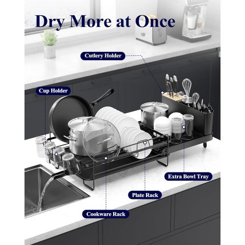 Kitsure Large Dish Drying Rack - Extendable Dish Rack, Multifunctional Dish Rack for Kitchen Counter, Anti-Rust Dish Drainers with Cutlery & Cup Holders 19.2-26.7 L x 12.9 W, Black