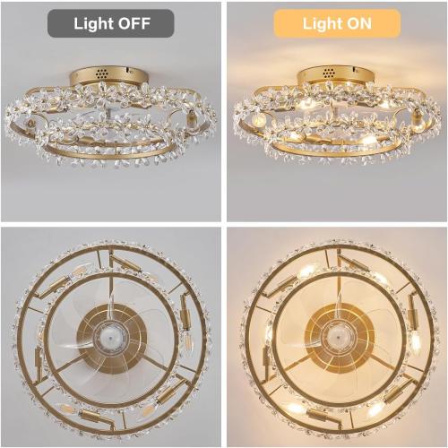 20 Boho Chandelier Ceiling Fan with Light Modern Flower Fandelier | for Girl's room Bedroom Living Room,Bladeless Caged Ceiling Fans with Lights and Remote,Frence Shabby Chic,Crystal Flowers