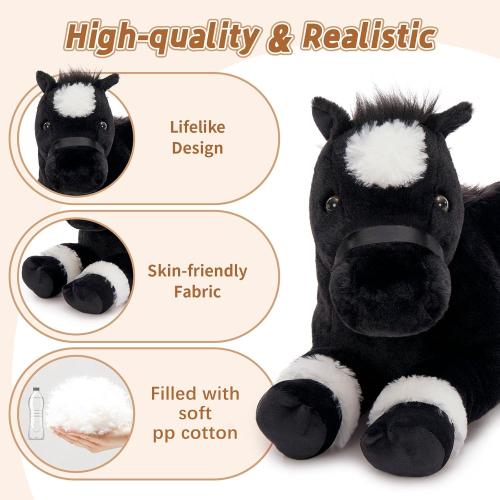 Tezituor 4Pcs Horse Stuffed Animal with Babies, 18 inch Large Mommy Stuffed Horse with 3 Baby Pony Plush, Realistic Black Pony Plush Pillow for Boys Girls Birthday Easter Decor