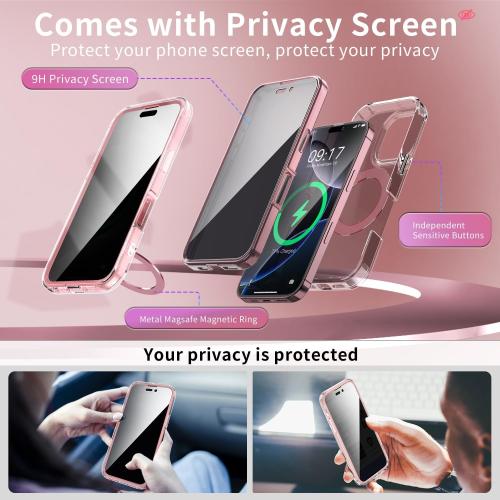 Privacy Case for iPhone 16 Pro with 360°Stand [Built-in Anti Peeping Screen Protector] [Compatible with MagSafe] [Magnetic Ring ] Full Body Protective Phone Cover 6.3, Pink