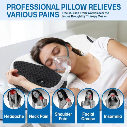 CPAP Pillow for Side & Back Sleepers - Mask Compatible Contour Design to Reduce Leaks, Breathable Memory Foam Pillow with Ergonomic Support & Hose-Friendly Cutouts for Comfortable Sleep, Black