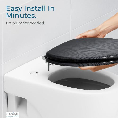 SANILO Wooden Toilet Seat with Soft Close [ELONGATED] - Decorative, Quiet & Slow Close Molded Wood Seat - With Strong Bumpers & Hinges - Adjustable Fit - Black Wood