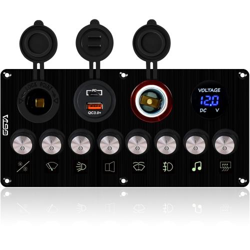 8 Gang Marine Boat Switch Panel Waterproof with Charger (PD,QC3.0 ) and Voltage Meter, 12V/24V Rocker Switch Panel for car,Trucks, Boats