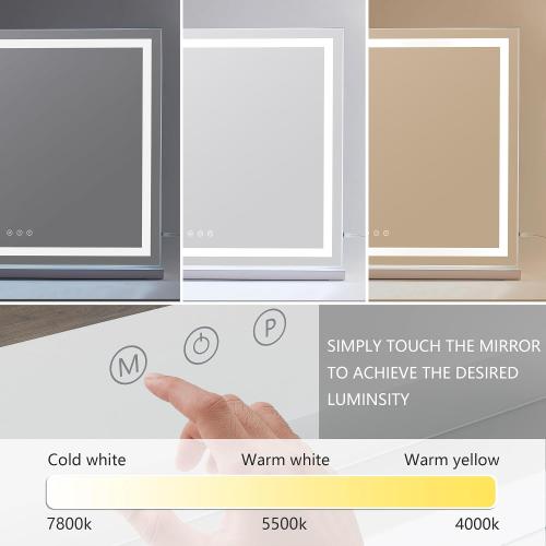 WHITE HIEEY Lighted Makeup Mirror, Hollywood Vanity Mirror with Lights, Three Color Lighting Modes, with 4in 20X Magnification Mirror, Smart Touch Control, 360°Rotation (22.8in,White)