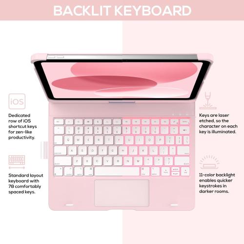 Pink typecase Touch iPad 10th Generation Case with Keyboard (10.9, 2022) and iPad A16 (11th Gen, 2025) – 360° Rotatable, 11-Color Backlit, Multi-Touch Trackpad, Thin & Light (Light Pink)