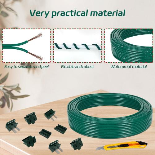 60FT SPT-2 Christmas Electrical Wire with 6pcs Vampire Plugs, 18/2 Gauge Low Voltage Extension Cord, 18 AWG 2-Conductor Flexible Wire for Outdoor Holiday Lights, Landscape Lighting