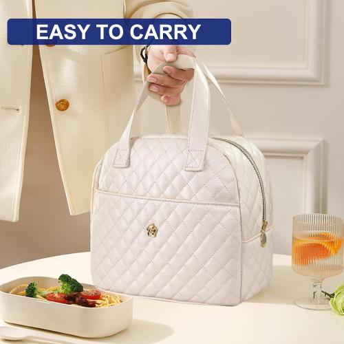 Insulated Lunch Bag for Women Men, PU Leather Lunch Tote Bag for Women Aesthetic Lunch Box Bag Thermal Bento Cooler Bag Sack Food Handbags for Work Office Picnic Travel (Beige)