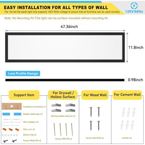 AIKVSXER 1x4 LED Flat Panel Light Surface Mount Ceiling Light Black, 5500LM 50W TRIAC 10-100% Dimmable, 3000/4000/5000k Selectable 120V LED Light Fixture for Kitchen/Laundry/Garage 2PACK