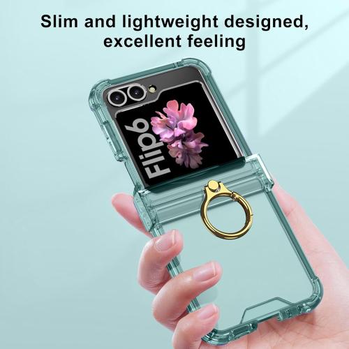 for Samsung Galaxy Z Flip 6 Clear Case Luxury Hinge Protection with Ring Holder & Screen Protector Soft All-Inclusive Shockproof Cover (Green)