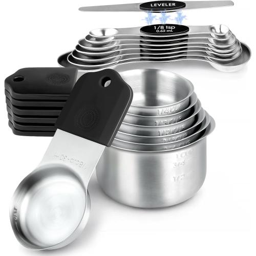 Magnetic Measuring Cups & Spoons Set, Strong N45 Magnets, Heavy Duty Stainless Steel Fits in Spice Jars for Baking & Cooking, BPA Free, Round Set of 15 with Leveler, Silver