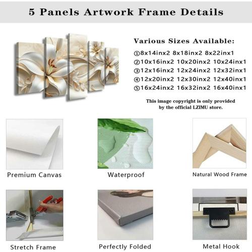 LZIMU 5Pcs Large White Gold Flower Wall Art Abstract Lily Floral Picture Elegant Blooming Canvas Print Modern Beige Painting Living Room Bedroom Decor (Gold, (8x14inx2 8x18inx2 8x22inx1))