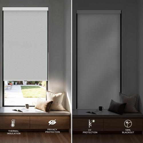 100% Blackout Roller Shades, Free-Stop Cordless Roller Blinds for Windows, Thermal Insulated Linen Fabric Window Shades UV Protection for Home, Door, White, Customize