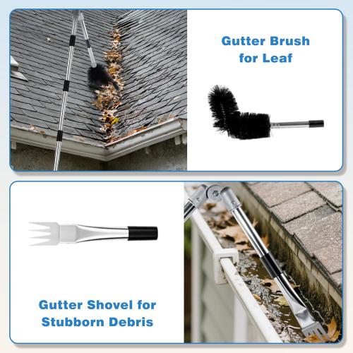 13FT Gutter Cleaning Tool from The Ground, No Ladder Needed - Adjustable Length Gutter Cleaner Pole with 180° Pivoting Head, Replaceable Brush & Shovel for Leaves, Debris