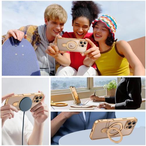 GUAGUA for iPhone 16 Pro Max Case with Stand, Magnetic Clear Cases Plating Edge Invisible Ring Holder Slim Shockproof Protective Kickstand Phone Case for iPhone 16 Pro Max 6.9'', Desert Titanium Gold