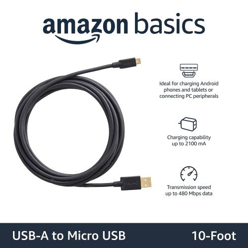 Amazon Basics USB-A to Micro USB Charging Cable, 480Mbps Data Transfer, Gold-Plated Plugs, Compatible with Android Phones and Tablets, 10 Foot, Black
