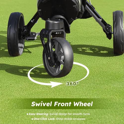 360 Golf Pull Cart: Lightweight Folding Swivel 3 Wheels Golf Caddy with Foot Brake, Cooler Bag, Drink& Umbrella Holder