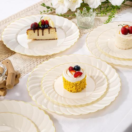 YOUBET 125PCS Scalloped Plastic Plates - Ivory Scalloped Disposable Plates - Gold Plastic Dinnerware Set Include 50 Plates, 75 Gold Silverware for Party & Wedding