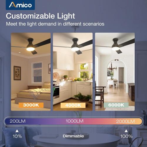 Amico Ceiling Fans with Lights, Low Profile Ceiling fan with Light and Remote Control, Flush Mount, Reversible, 3CCT, Dimmable, Noiseless, Black Ceiling Fan for Bedroom, Indoor/Outdoor Use