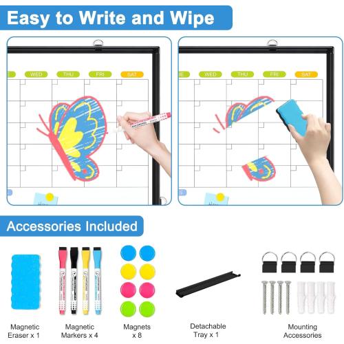 Dry Erase Calendar Whiteboard for Wall, WALGLASS 36 x 24 Magnetic White Board, Monthly Dry Erase Calendar with Silver Aluminum Frame, Double-Sided Hanging Portable Board for Office, Home, School