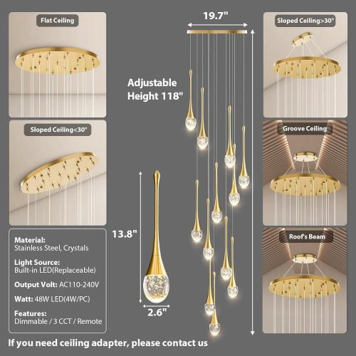 Raindrop Crystal Chandelier High Ceiling: 12 Lights Remote Dimmable LED - Large Long Modern Bubble Hanging Pendant Light Fixture Teardrop Spiral Chandeliers for Living Room Staircase Entryway Foyer